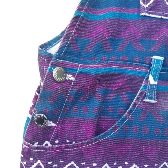 Vintage 90s Aztec Print Shortalls Overalls Womens S Baggy Purple Green Cotton - Picture 4 of 11